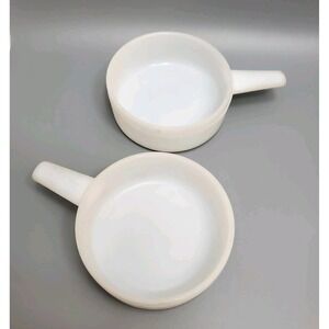 Vintage~Glasbake Ovenware Milk Glass~14 oz. Soup Bowl W/Handle (J-2639) Set of 2
